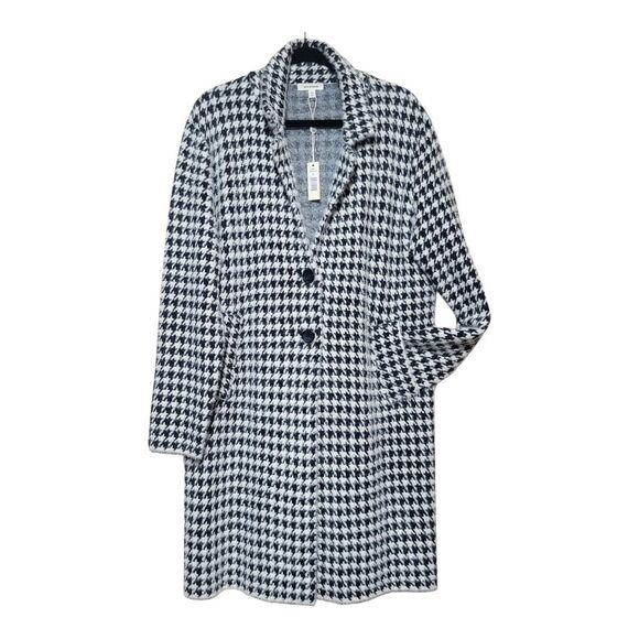 Max Studio Black White L Houndstooth Angora Look Long Coat Super Soft Knit - Picture 9 of 11